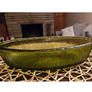 FTD 1975 Amber Green Textured Glass Oval Serving Dish Bowl